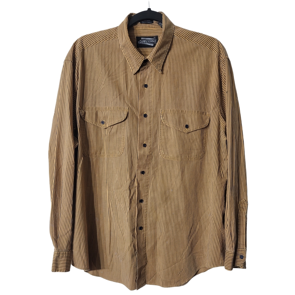 Expressions VINTAGE 90's Men's Brown Striped Casual Button Down Shirt Size XL